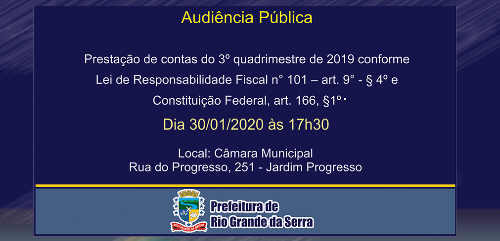 Prefeitura Municipal fará Audiência Pública de prestação de contas do 3º quadrimestre de 2019 no próximo dia 30