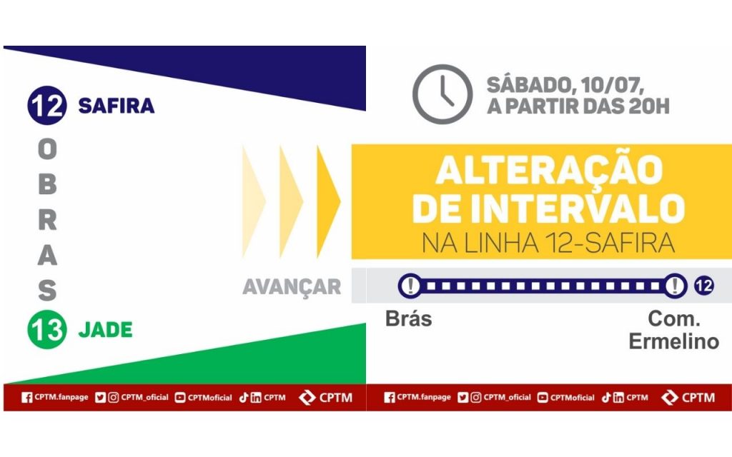 CPTM continuará obras que reduzirão tempo de viagem dos passageiros das Linhas 12-Safira e 13-Jade neste fim de semana (10 e 11) e no próximo (17 e 18) 1 CPTM continuará obras que reduzirão tempo de viagem dos passageiros das Linhas 12-Safira e 13-Jade neste fim de semana (10 e 11) e no próximo (17 e 18)